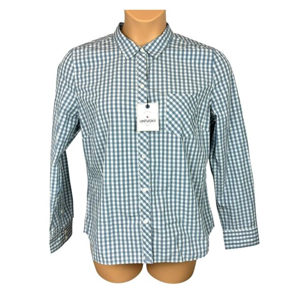 UNTUCKIT Crispo Blue Check Shirt Button Front Gingham Blouse - Picture 1 of 5